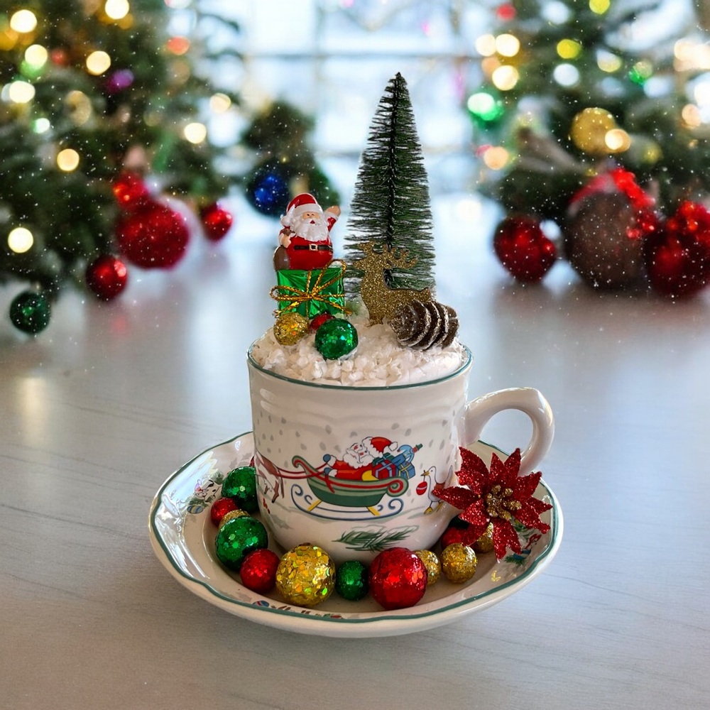 Christmas Home Decor Centerpiece Diorama in Cup with Saucer Holiday Gift Idea